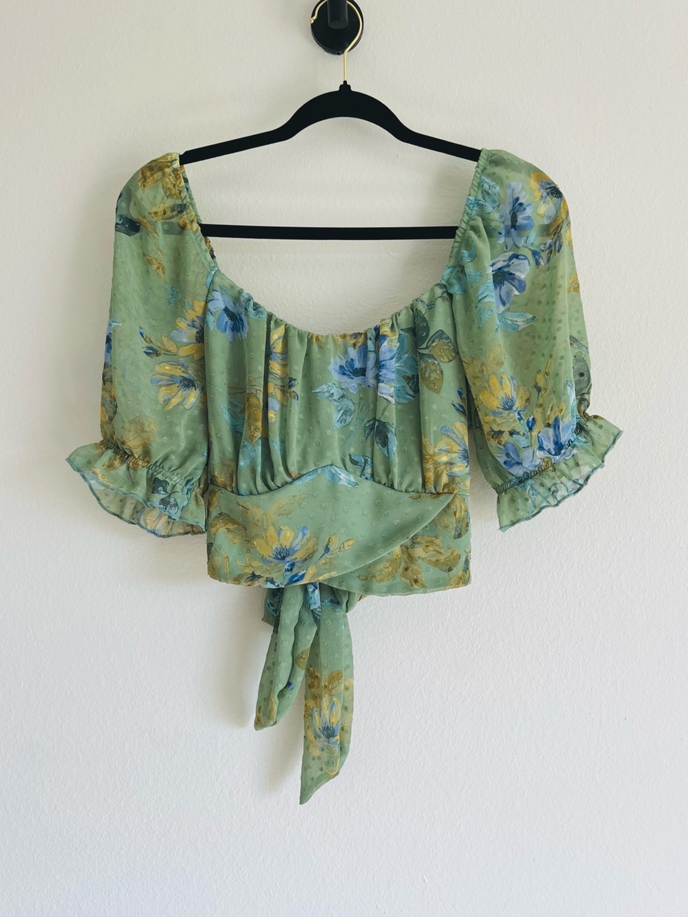 Skala Green Floral Tie-Back Puff Sleeve Crop Top